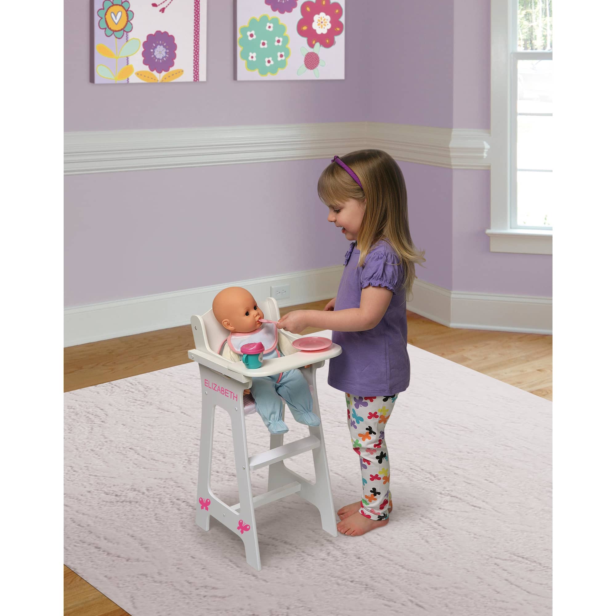 Badger Basket White & Pink Gingham Doll High Chair with Accessories